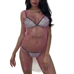 Women's Swimwear Sexy Mesh Women Cover-up Dress Solid Colour See Through Covers Sleeveless Rhine Mini Swimwear 240226