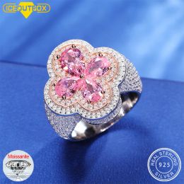 Rings 925 Sterling Silver Lucky Clover Cross Ring With Pink Blue Water Drop Stone Iced Out Couple Rings for Women Men Hip Hop Gifts
