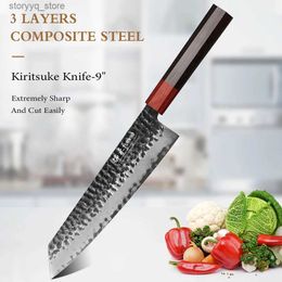 Kitchen Knives TURWHO 9 Inch Japanese Chef Knife Hand Forged High Carbon Kiritsuke Shape 3 Layer Composite Steel Professional Kitchen Knives Q240226