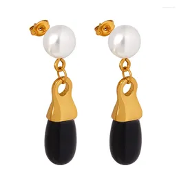 Dangle Earrings 18K Gold Plated Stainless Steel Black Glass Stone Geometric Drop Pearl Stud Earring For Women Tarnish Free Danity