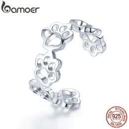 Rings Bamoer Sterling Sier Adjustable Cat and Dog Footprints Pet Paw Trail Rings for Women Party Sier Jewelry Scr424