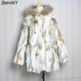 Fur 2024 Real Fur Coat Winter Jacket Women Long Rabbit Fur Jacket Windproof Big Natural Raccoon Fur Collar Hood Thick Warm Coat