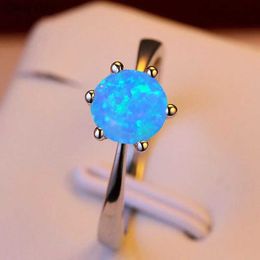 Solitaire Ring Milangirl Exquisite Female Round Blue Fire Opal Fashion Ring Silver Color Wedding Rings For Women Luxury Jewelry Anillos Mujer 240226
