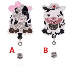 Cute Key Ring Animal COW Rhinestone Retractable ID Holder For Nurse Name Accessories Badge Reel With Alligator Clip261K