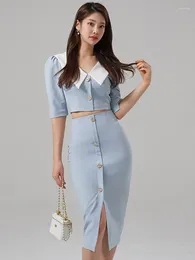 Work Dresses Korean 2 Piece Outfits Elegant Office Women Cute Temperament Half Sleeve Crop Tops Shirt Blouse High Waist Skirt Dating Slim