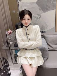 Work Dresses Korean Knitted Sweater Skirt Suit Women Fashion Celebrity Coat Fluffy Skirts Solid Slim Stand Collar Autumn Two Piece Set