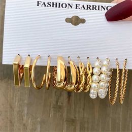 Earrings Silver Color Twist Hoop Earrings Set Brincos Heart Pearl Hoops Vintage Metal Geometric Earrings for Women Trendy Jewerly 230831