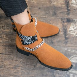 Large Size High Cut Men Ankle Boots with Faux Suede Buckle Classic Fashion Business Gentleman Pointed Short Boots