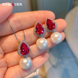 Sets 2021 Trend 12mm White Gold Colour Fresh Water Pearl Ruby Pendant Necklace Earrings for Women Wedding Party Jewellery Set Wholesale