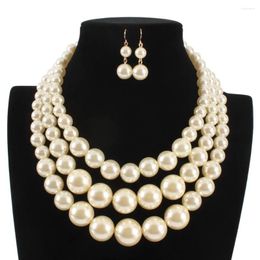 Necklace Earrings Set Three Layer Beige Imitation Pearl Premium Sense Choker With Two Beads Dangle Fashion Party Jewellery For Charm Women