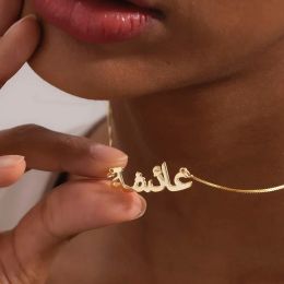 Necklaces Customised Arabic Name Necklaces for Women Gold Silver Box Chain Stainless Steel Jewellery Personalised Hebrew Pendant Choker Gift