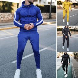 Men's Tracksuits 2Pcs/Set Drawstring Long Sleeve Multi Pockets Zipper Placket Elastic Waistline Hoodie Pants Set Men Autumn Striped