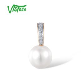 Necklaces Vistoso Authentic 14k 585 Rose Gold Pendant for Women Sparkling Diamond Fresh Water White Pearl Daily Wear Fine Elegant Jewelry