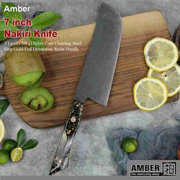 Kitchen Knives Amber Stainless Steel Kitchen Knives High Quality 10Cr15Mov 3 Layers Cladding Steel Chef Cleaver Knife Cooking Q240226