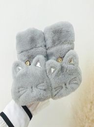 UJtj korean cat cover autumn winter lovely student plush thickening warm and mittens and cold proof plush open fingered gloves glo3066226