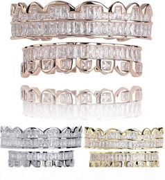 New Baguette Set Teeth Grillz Top Bottom Rose Gold Silver Color Grills Dental Mouth Hip Hop Fashion Jewelry Rapper Jewelry5587546