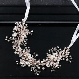 Hair Clips Crystal Beads Flower Tiara Headband Pearl Hairband With Ribbon Head Chain Wedding Accessories