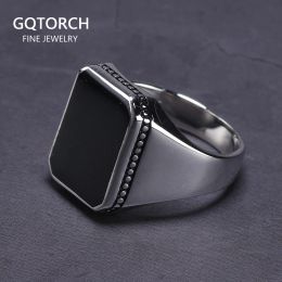 Rings Real Solid 925 Sterling Silver Ring Simple For Men With Black Square Flat Gel Stone High Polishing Middle East Turkish Jewellery