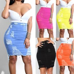 Skirts Summer Women' High Waist Mini Denim Vintage A Line Zipper Up Solid Hole Midi Bandage Women Skirt