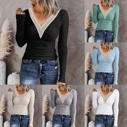 Women's Blouses Women Fashion Casual Tunic Tops Solid Color Lace V Plain Long Sleeve Slim Fit Shirts For Crewneck T Blusas Camisas