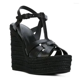 Sandals Moraima Snc Black Leather Wedge Summer Open Toe Rope Braided Platform Shoes Women T-strap Gladiator Brown White