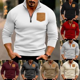 Quick Selling Autumn and Winter New Casual Men's Half Zip Hoodie Stand Up Collar Patch Pocket with Plush Pullover Top for Men