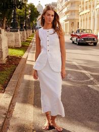 Work Dresses Summer Slim Solid Colour Casual Sleeveless Tops Long Skirt Two-piece Sets High Quality Cotton Women 2024 Elegant 19F1857