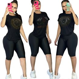 Designer Sequins Two Piece Pants Women Casual Slim T-shirt and Shorts Set Black Outfits Free Ship