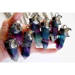 Necklaces Nm40643 Rainbow Fluorite Tower Necklace Aqua Blue Crystal Point Necklace with Crescent Moon Pyrite Halloween Jewellery