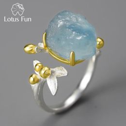 Rings Lotus Fun 18K Gold Natural Aquamarine Gemstone Flower Adjustable Rings for Women Real 925 Sterling Silver Fine Luxury Jewelry