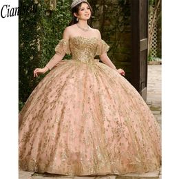 Glitter Strapless Crystal Sequined Quinceanera Dresses Ball Gown Detachable Sleeve Bow Sweet 15 Vestidos De XV Anos