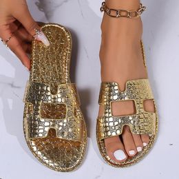 2024 New Womens Summer Shoes with Crocodile Pattern Solid Flat Sandals Luxury Mule Outdoor Anti slip Rubber Slide 240226