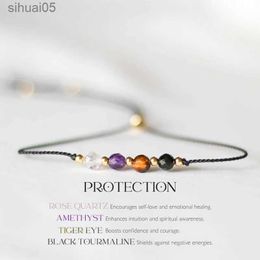 Beaded Protection Crystal Bracelet | Empath Protection Rose Quartz Amethyst Black Tourmaline Adjustable Cord Healing Bracelet YQ240226