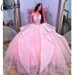Pink Illusion Beading Crystal Quinceanera Dresses Ball Gown Strapless Detachable Skirt Appliques Sweet 15 Vestidos De XV Anos