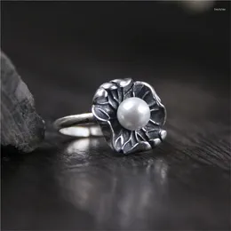 Cluster Rings Vintage 925 Silver Ring For Lady Hand Accessories Adjustable Trend Pearl Lotus Leaf Shaped Women Jewelry