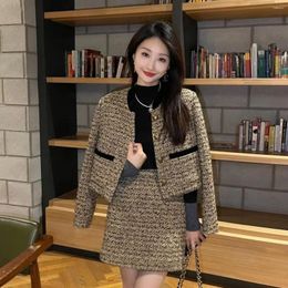 Two Piece Dress Lady Tweed Style 2024 Autumn And Winter Two-piece Set Women Round Neck Single-breasted Long Sleeve Top Slim Fit Skirt