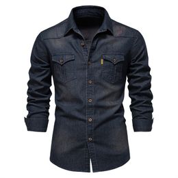 Men's Casual Denim Shirt Slim Fit Long Sleeve Button Down Shirts Distressed Washed Denim with Chest Pockets