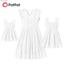 Family Matching Outfits Pa 100% Cotton Family Matching Outfits White Hollow-Out Floral Embroidered Ruffle Sleeveless Dress for Mom and Me Dresses
