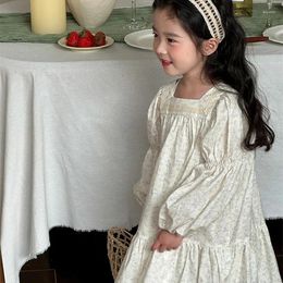 Girl Dresses Children Clothing Girls Dress Spring 2024 Fashionable Floral Puffle-sleeve Cotton Lace French Style