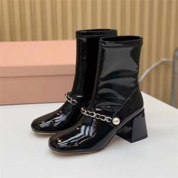 2024 Designer Boots Fashion Round Toe Chunky Heel Woman Shoes Genuine Leather Sexy High Heels Pearl Decor Shoes Women Miui