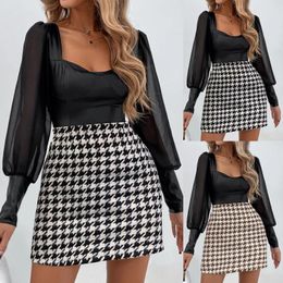 Skirts Women Casual Vintage Plaid Mini Dress Lady Korean Temperament Slim Female Hip Fashion High Waist Houndstooth A-line Skirt