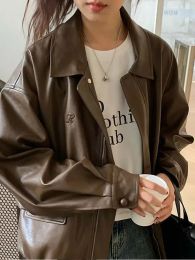 Jackets PU Leather Jacket Women Long Sleeve Turndown Collar Loose Female Jackets 2023 Autumn Winter Street Fashion Moto Biker Lady Coat