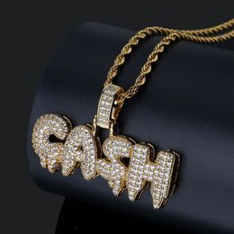 Men Iced Out CASH Letters Pendant Necklace Gold Silver Micro Pave Cubic Zircon Hip Hop Gold Chain Jewelry Gifts231F