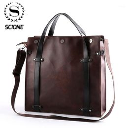 Scione Men's Briefcase Crazy horse PU Leather Handbag Business office File bag Vintage Messenger Bags Casual work Tote1246Z