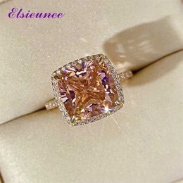 ELSIEUNEE 18K Rose Gold Colour Morganite Diamond Rings For Women Solid 925 Sterling Silver Wedding Ring Fashion Fine Jewellery Gift 2245b