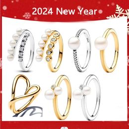 2024 New Style 100% 925 Silver Original Logo Pave Pearl Ring Women Fashion European Jewelry Valentine's Day Gift