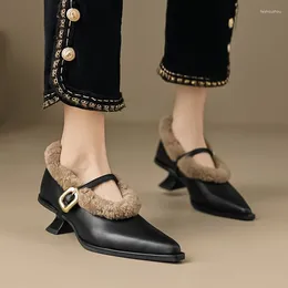 Dress Shoes Winter Women Split Leather For Pointed Toe Kitten Heel Pumps Solid Warm Plush Mary Jane