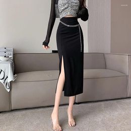 Skirts Faldas Para Mujer Work Black Skirt With Slit Sexy Hip Korean Style High Waist Office Lady Spring Midi Without Belt