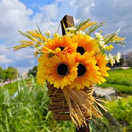 Decorative Flowers Wall Hanging Artificial Sunflower Wreath Thanksgiving Halloween Garland Decorations Autumn Faux Rattan Basket Wreaths