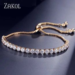 Beaded ZAKOL Fashion Cubic Zirconia Tennis Bracelets Bangle for Women White Round Crystal Adjustable Bracelet Wedding Jewelry YQ240226